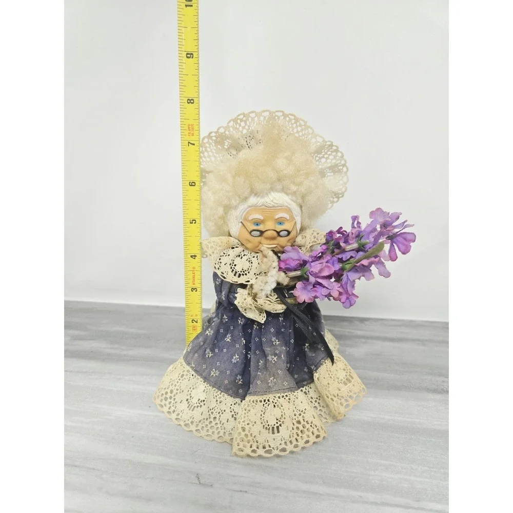 Vintage Hand Crafted Grandma Granny Doll with Lace Dress and Purple Lilac Flower